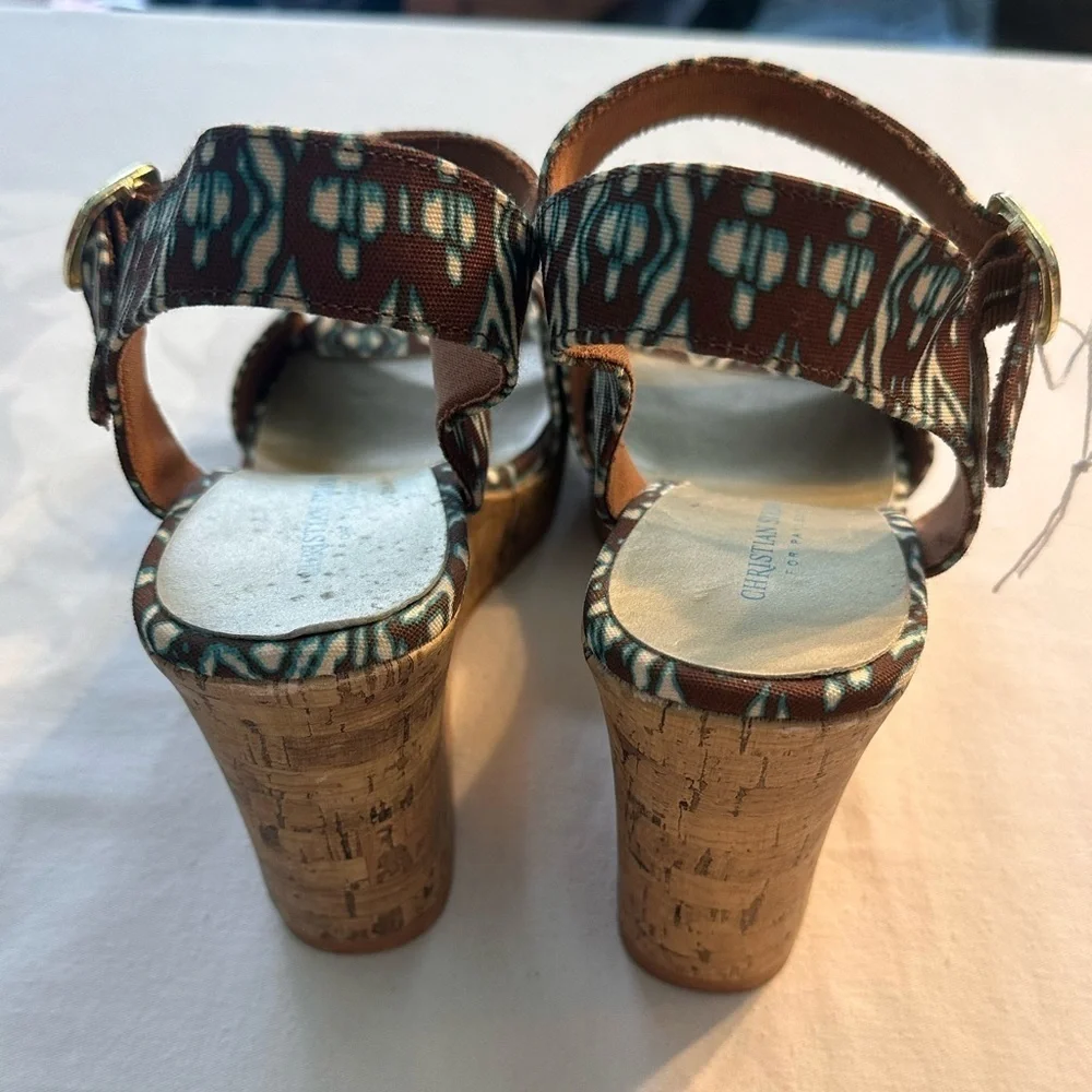Christian Siriano Blue & Brown Ikat Cork Wedges Size 11 Boho Eclectic Classic